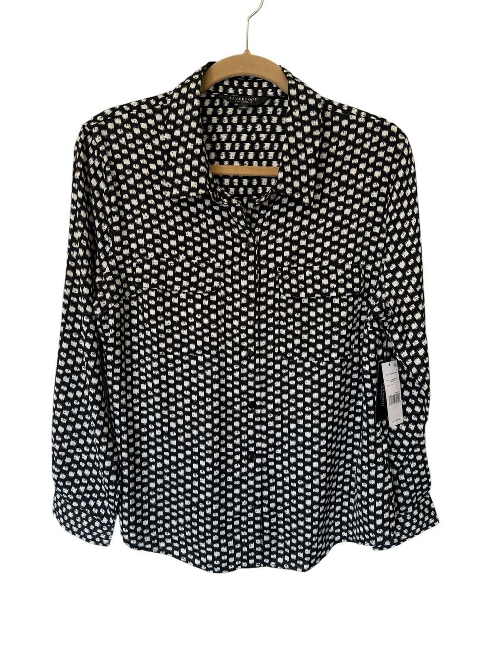 Liverpool Los Angeles Black White Mini Dot Long Sleeve Woven Blouse Shirt Sz M
